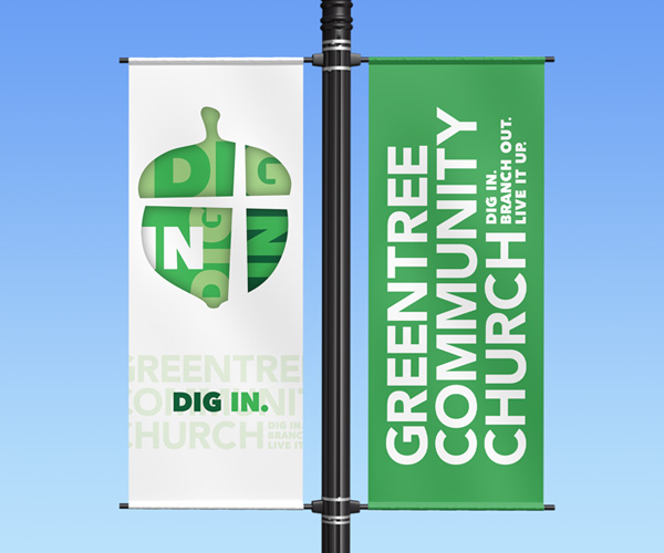 Greentree Community Church light pole banner "Dig In"
