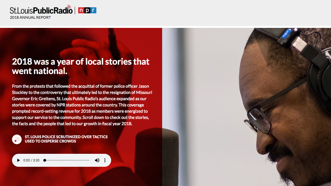 screen shot of st louis public radio online annual report narrative page with embedded audio 