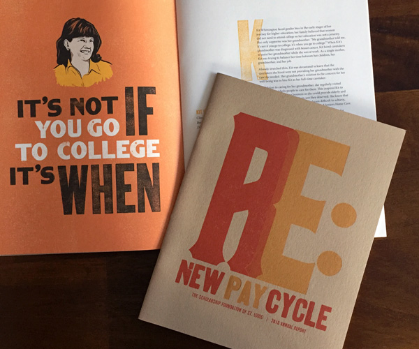 The Scholarship Foundation annual report cover and interior spread "Renew. Repay. Recycle."