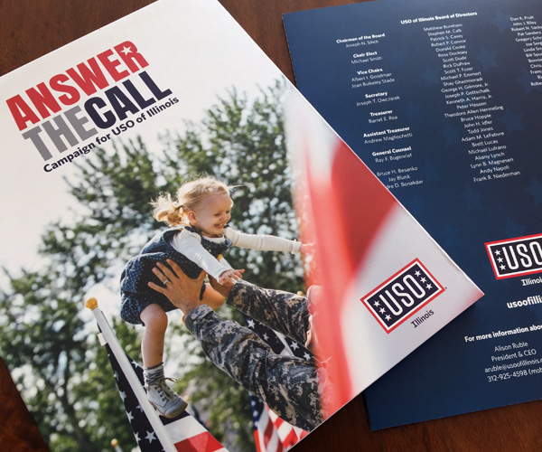 cover of the USO of Illinois capital campaign brochure "Answer the Call"