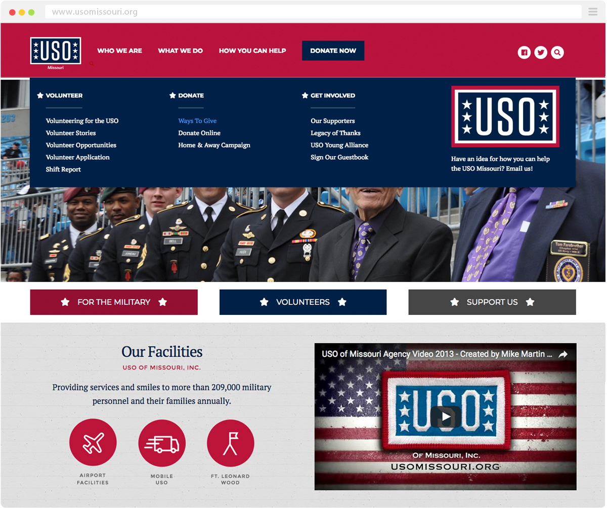 closeup of menu system on the USO of Missouri website