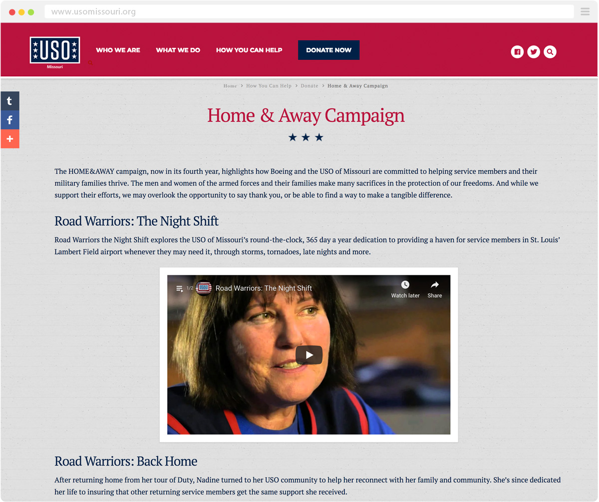 secondary page of the USO of Missouri website