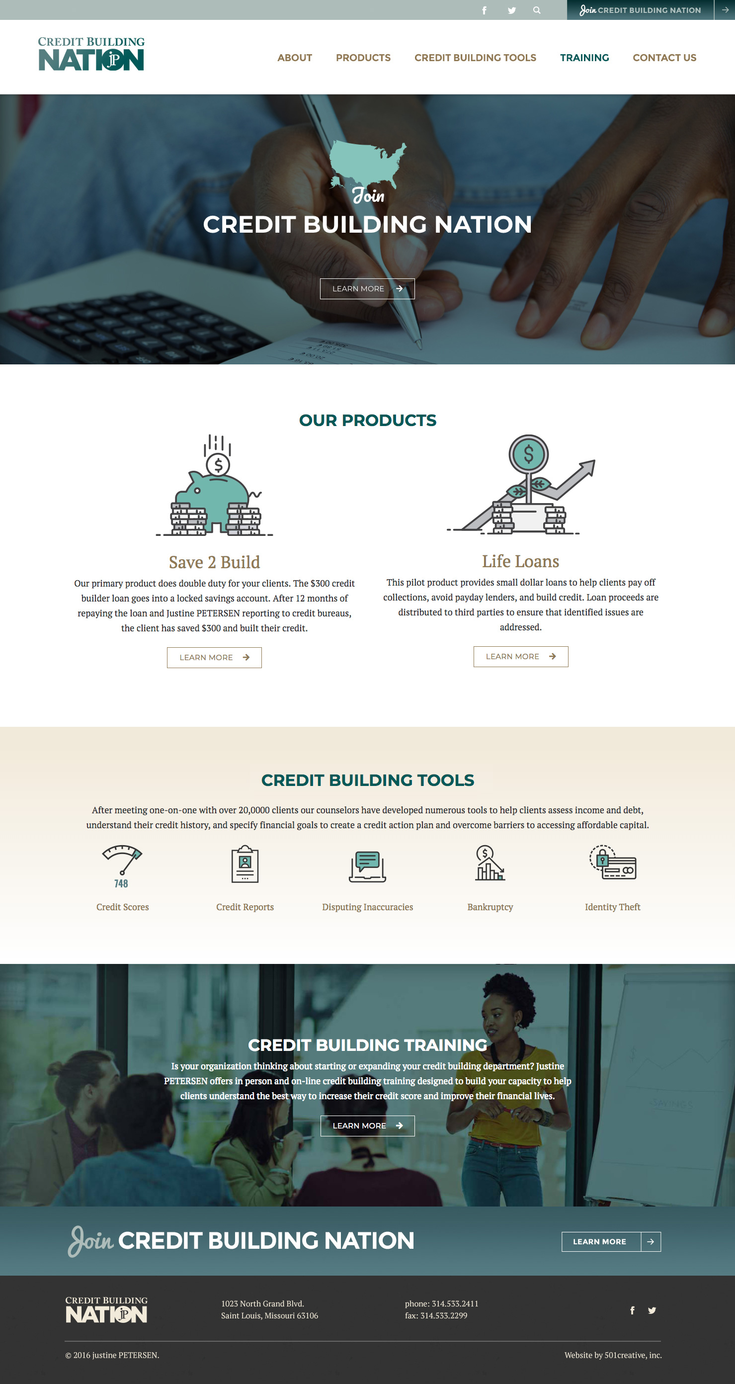 Justine Petersen's Credit Building Nation website home page