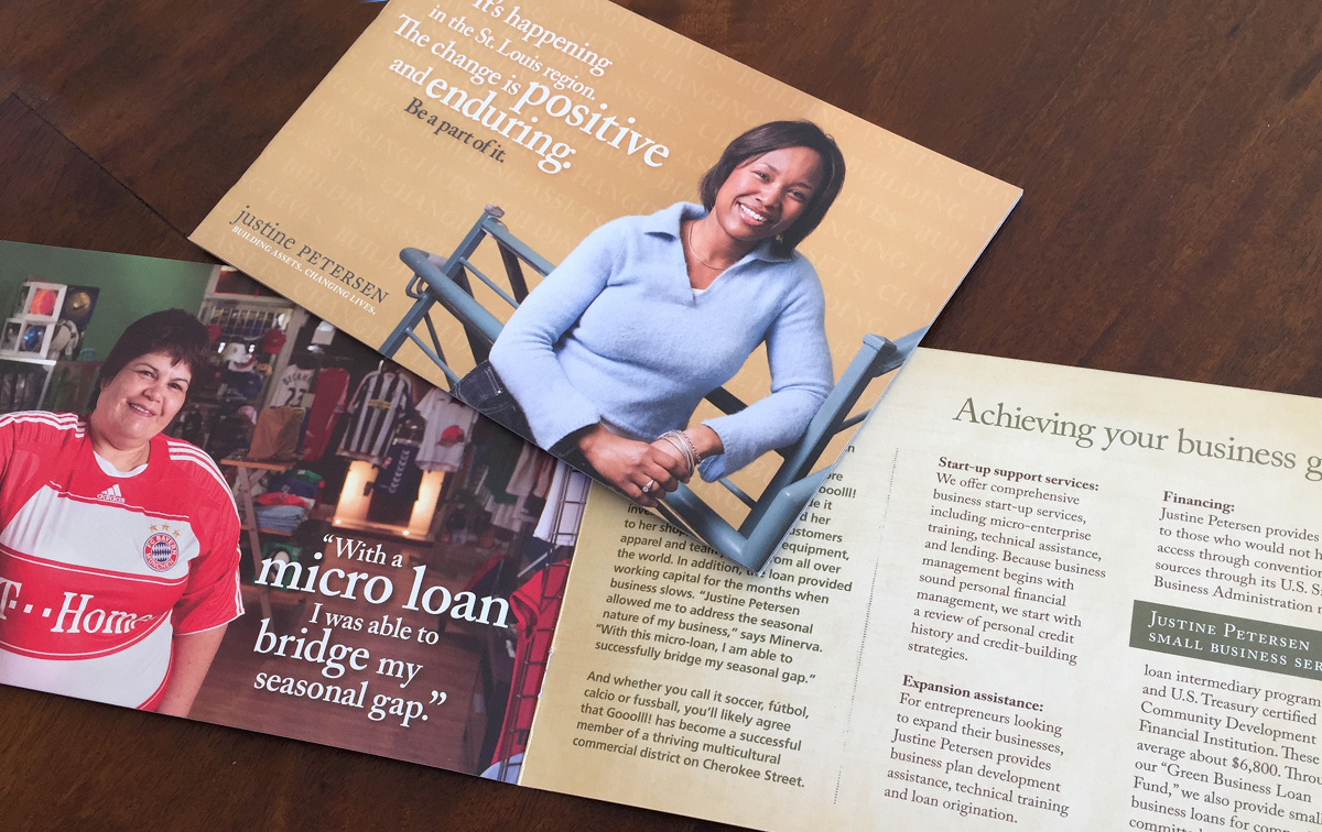 Justine Petersen marketing brochure cover and interior spread