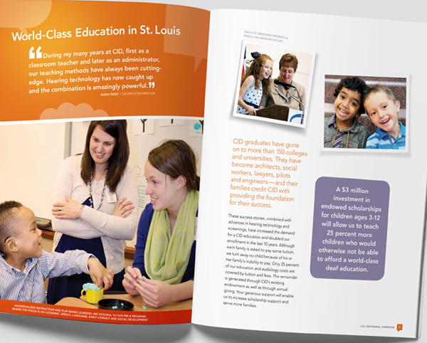 Central Institute for the Deaf fundraising campaign case statement interior spread
