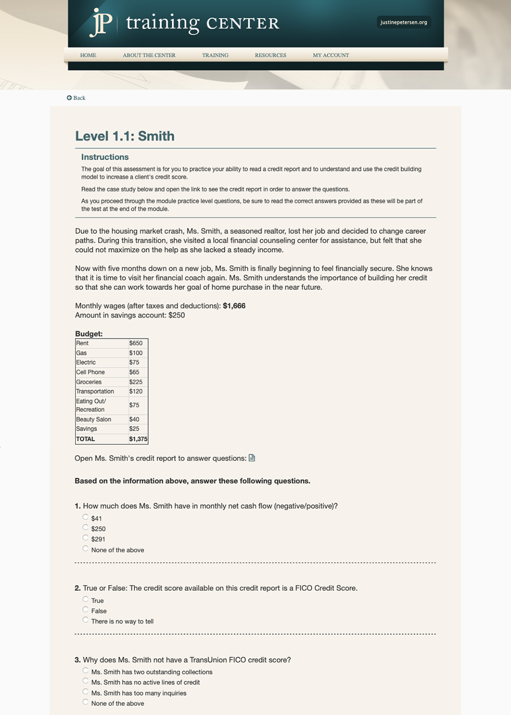 Justine Petersen's JP Training Center website training module page