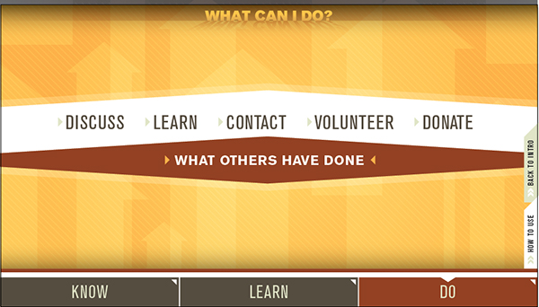 what can I do screen with options to discuss, learn, contact, volunteer and donate