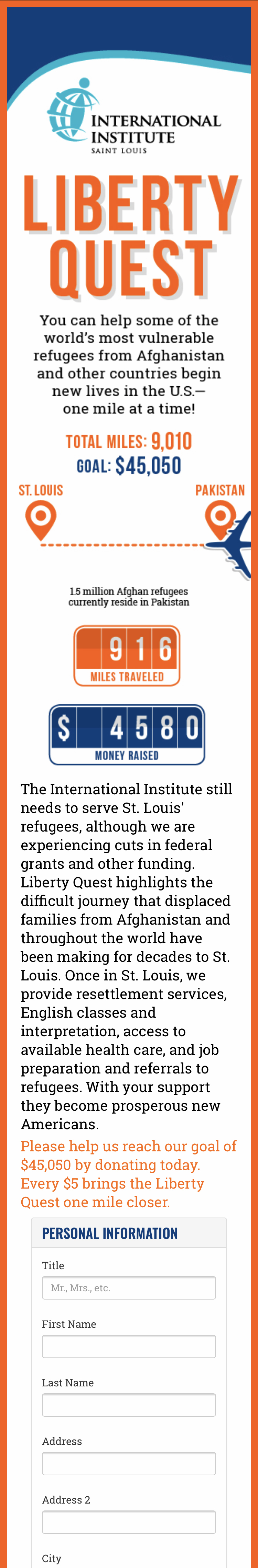 Liberty Quest fundraising website mobile view