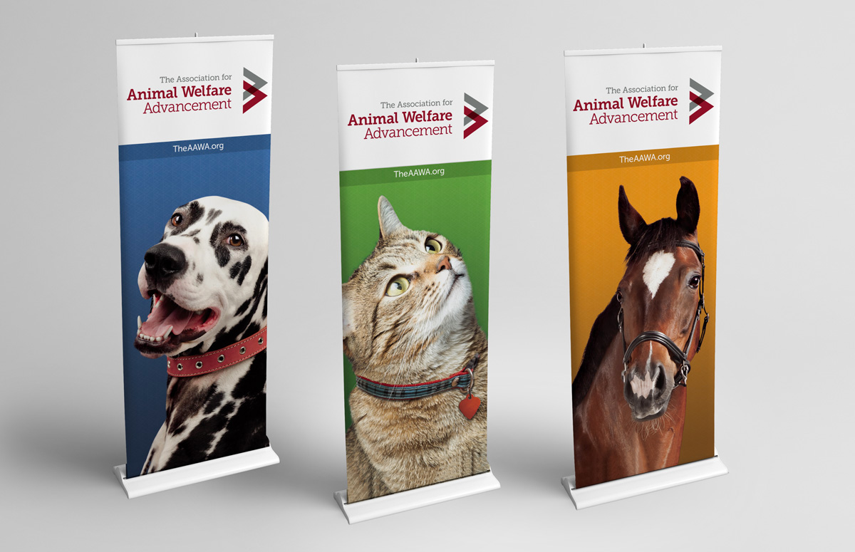 AAWA banners showing dot, cat and horse visuals