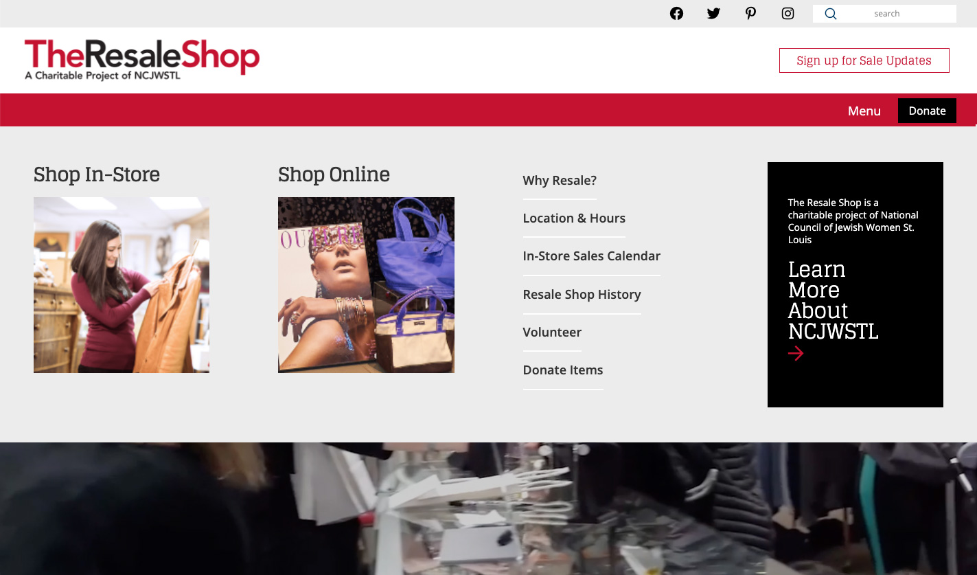 Resale Shop website home page desktop view